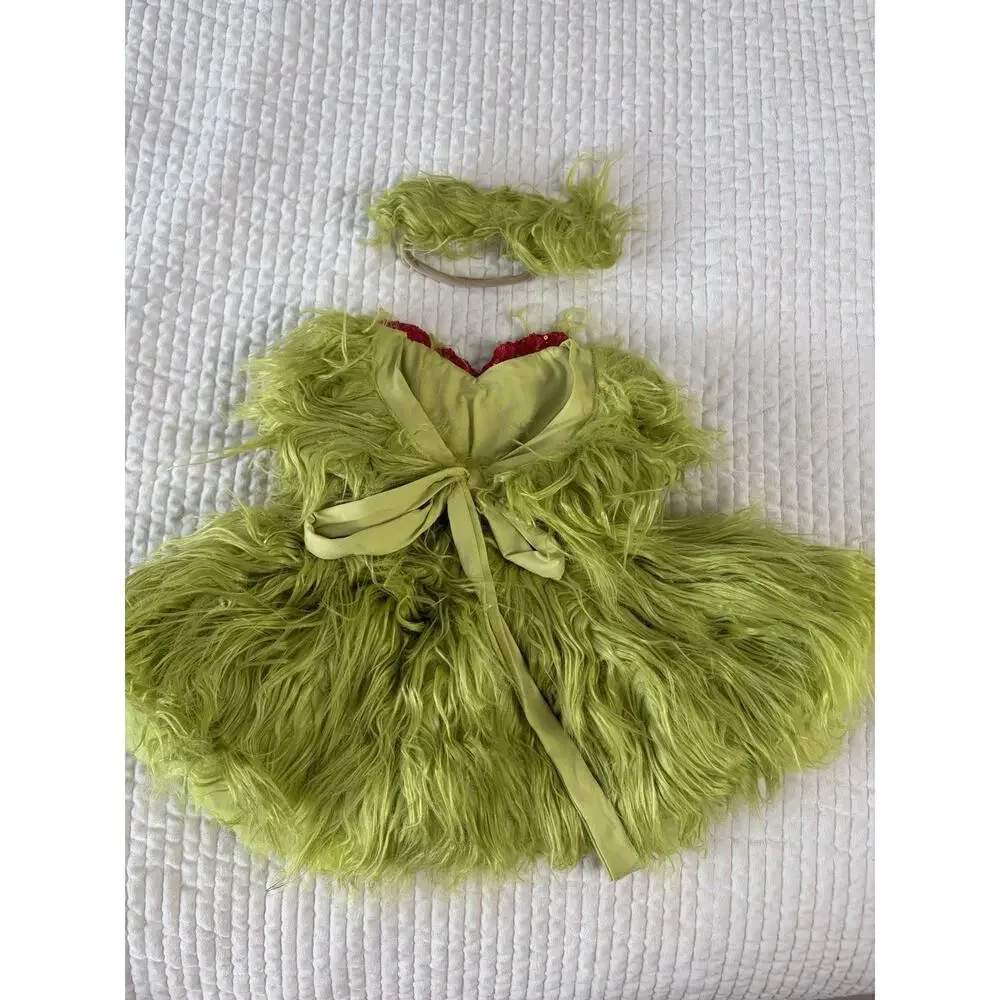 Girls Green Christmas Monster Costume Furry Dress Headband Holiday 3T-4T